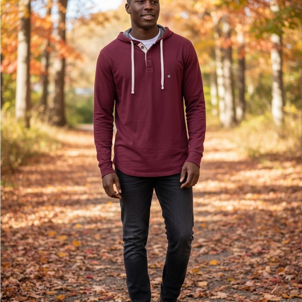NWT Bass & Co. Men's Burgundy Long Sleeve Henley Shirt, size large